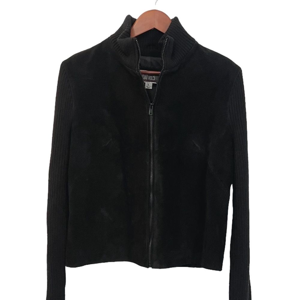 Vintage Black Suede Leather Zip Wool Ribbed Sleeve Collared Jacket Y2K Large
